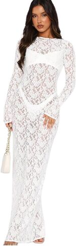 Suillty Women's Elegant Floral Lace Long Sleeve Maxi Dress MeshSee Through Bodycon Y2K Party Club Outfit in Kuwait