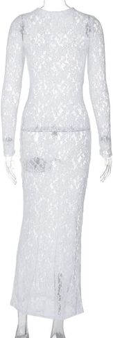 Suillty Women's Elegant Floral Lace Long Sleeve Maxi Dress MeshSee Through Bodycon Y2K Party Club Outfit in Kuwait