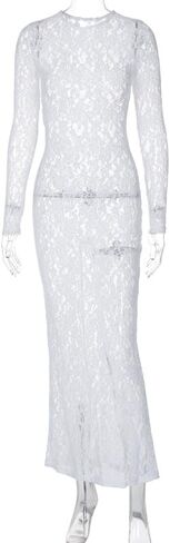 Suillty Women's Elegant Floral Lace Long Sleeve Maxi Dress MeshSee Through Bodycon Y2K Party Club Outfit in Kuwait