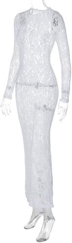 Suillty Women's Elegant Floral Lace Long Sleeve Maxi Dress MeshSee Through Bodycon Y2K Party Club Outfit in Kuwait