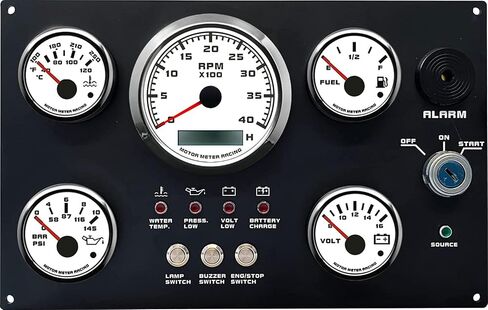 MOTOR METER RACING W Pro Series 5 Gauge Set Instrument Panel 85mm 3-3/8" Tachometer 52mm 2-1/16" Volt 24V Fuel Level Water Temperature & Oil Pressure Black Dial White LED Marine Boat Yacht Waterproof in Saudi Arabia