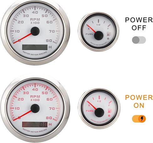 MOTOR METER RACING W Pro Series 5 Gauge Set Instrument Panel 85mm 3-3/8" Tachometer 52mm 2-1/16" Volt 24V Fuel Level Water Temperature & Oil Pressure Black Dial White LED Marine Boat Yacht Waterproof in Saudi Arabia