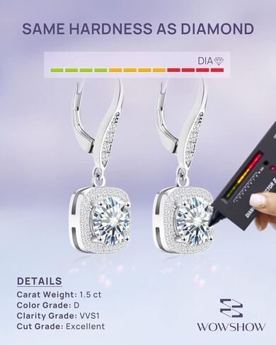 wowshow Moissanite Earrings Leverback Earrings for Women 925 Sterling Silver 3ct 4ct Moissanite Dangle Drop Earrings for Women Birthday Mothers Day Gifts with Certificate of Authenticity in Saudi Arabia