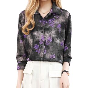 LAI MENG FIVE CATS Women's Elegant Loose Collared Floral Print Shirt Blouse Casual Button Up Tops