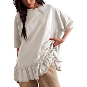Womens Oversized T Shirts Casual Short Sleeve Blouse Ruffle Hem Round Neck Drop Shoulder Summer Tops