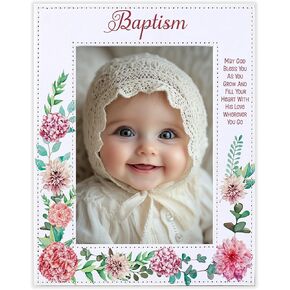 Baptism Picture Frame For Baby, Baptismal Gifts For Catholic Baby Girl/Boy, Godparents Religisous Gift, Baby Room Baptism Decorations For Girls, 5x7 Vertical, Pink Flowers Leather And Stitched Design