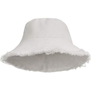 Womens Bucket-Hat Distressed Sun-Protection Washed-Cotton - Summer Wide Brim Beach Cap(7 1/8 Size) (White 01)