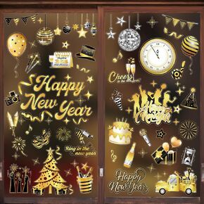 HOWAF 9 Sheets New Year Window Clings, 2025 Happy New Years Eve Window Decal for 2025 New Year Christmas Home Ornaments, Black Gold Silver New Year Firework Window Stickers