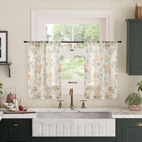 Floral Sheer Curtains for Living Room Window, Farmhouse Light Filtering Privacy Semi-Sheer Linen Curtains for Bedroom 84 Inch Length 2 Panels, Rod Pocket, Champagne Beige, Each 52 Inch Wide