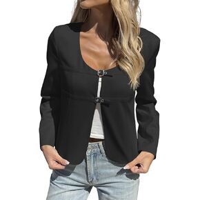 Cicy Bell Womens Cropped Blazer Jacket Long Sleeve Work Trendy Casual Tops Double Buckle Collarless Jackets