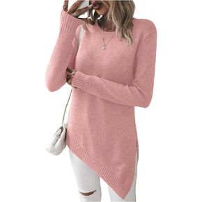 GORGLITTER Women's Split Asymmetrical Hem Sweater Long Sleeve Crewneck Knit Pullover Tops