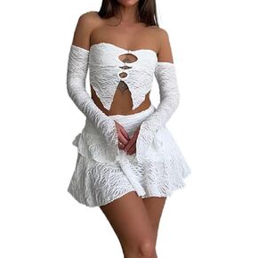 Juakoso Women 2 Piece Lace Patchwork Mini Skirt Sets Outfits Y2k Sleeveless Sheer Mesh Cami Crop Top Bodycon Short Skirt, White-8
