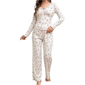 SweatyRocks Women's Floral Pajama Set Ruched Long Sleeve Top and Pants Pjs Set Sleepwear Loungewear