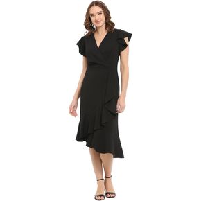 London Times Women's Feminine Ruffle Sleeve V-Neck Polished Career Crepe Wrap Dress with Asymmetrical Hem