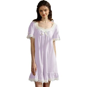 Nanxson Cotton Nightgown for Women Short Sleeve Princess Nightdress Victorian Nightwear Lace Ruffled Nighties with Bow