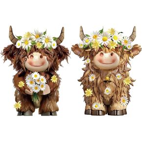 2 Pack Highland Cow Brown Scottish Highland Cow Gnomes with Sunflower Resin Figurine Calf Gnome Herd Gnome Gifts for Farmhouse Table Home Garden Decorations