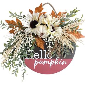 Hello Pumpkin Wreath Sign for Front Door, Artificial flower Wreath Hanging Door for Decor Indoor Outdoor, Hello Door Sign Wreath for Farmhouse Porch Fall Holiday Thanksgiving Halloween Christmas Decor