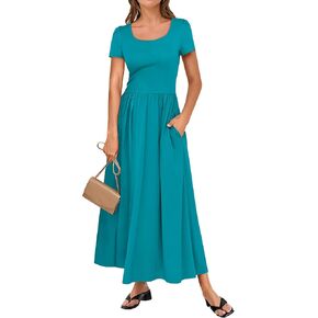 ANRABESS Women Short Sleeve Square Neck Summer Casual 2025 High Waist Flowy Fit & Flare A-Line Beach Maxi Dress with Pockets