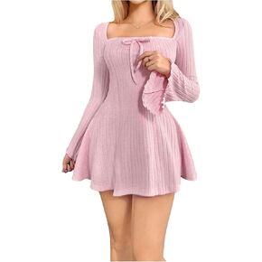 Floerns Women's Rib Knit Square Neck Sweater Dress Bell Sleeve A Line Cute Mini Dresses