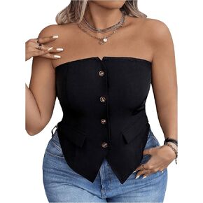 Floerns Women's Plus Size Strapless Tube Top Button Front Sleeveless Shirts