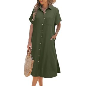 HOTOUCH Womens Button Down Shirt Dress Cotton Linen Summer Midi Dresses Short Sleeve Casual Loose Beach Dress with Pockets