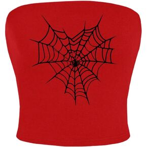 WDIRARA Women's Spiderweb Tube Top Y2k Strapless Graphic Crop Bandeau Tops