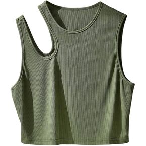 MakeMeChic Women's Plus Size Ribbed Knit Tank Tops Cut Out Crew Neck Sleeveless Casual Crop Tops