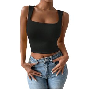 SHENHE Women's Square Neck Tank Wide Strap Fitted Simple Casual Summer Crop Tank Top
