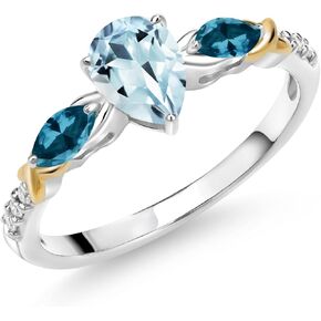 خاتم خطوبة من Gem Stone King من الفضة عيار 925 والذهب الأصفر عيار 10 قيراط على شكل كمثرى أزرق سماوي وزبرجد لندن الأزرق والتوباز الأبيض والأبيض للنساء (1.10 قيراط، متوفر بمقاس 5،6،7،8،9)