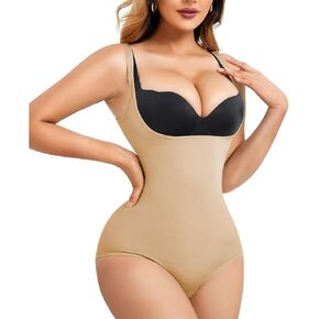 Shapewear Bodysuit Firm Body Shaper Open Bust Corset Double Lined Butt Tummy Control Thong Beige Black for Women