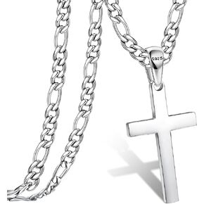 925 Sterling Silver Cross Necklace for Men Women 5mm Strong Stainless Steel Diamond Cut Figaro Link Curb Chain or 3.5mm Cuban Link Curb Chain Womens Mens Cross Pendant Chain Necklace Jewelry