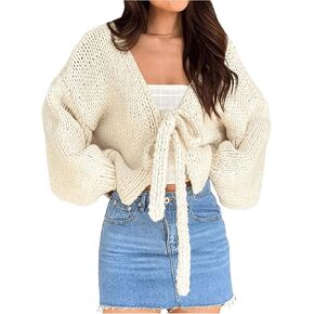 MakeMeChic Women's Tie Front Cardigan Sweater Long Sleeve Drop Shoulder V Neck Chunky Cardigans