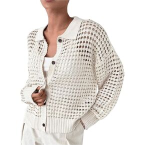 MakeMeChic Women's Collared Hollow Out Button Down Cardigan Sweater Long Sleeve Drop Shoulder Outerwear