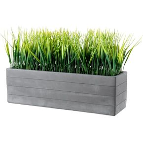 MyGift 15 Inch Artificial Green Grass Plants Potted in Ribbed Gray Concrete Planter Box, Tabletop Faux Greenery in Rectangular Cement Pot Centerpiece Décor