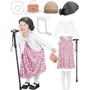 100 Days of School Cosplay Set for Girls, Old Lady Dress Up for Kids, 100th Day School Granny Wig Accessories Outfit
