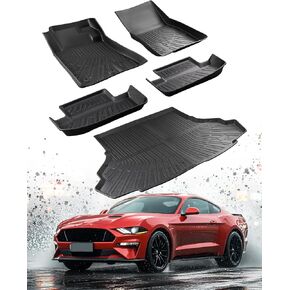 5Pcs 2023-2015 for Ford Mustang Floor Mats & Cargo Liner, All Weather Car Floor Mats for Mustang Accessories 2016 2017 2018 2019 2020 2021 2022 2023 Black Rubber (NOT for Mach-E)