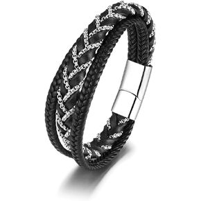 Men's Black Genuine Leather Bracelet with Stainless Steel Clasp Mens Braided Leather and Silver Chains Multi-Layer Wristband Bangle Personality Leather Bracelet for Men