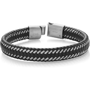 Gem Stone King Stainless Steel and Black Leather Bracelet for Men (8.5 Inch, 11mm Width, Secure Clasp)