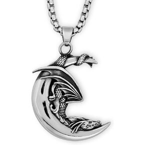 HAQUIL Dragon Necklace for Men, Stainless Steel Slumbering Dragon on Crescent Moon Pendant, Box Chain, Dragon Jewelry Gift