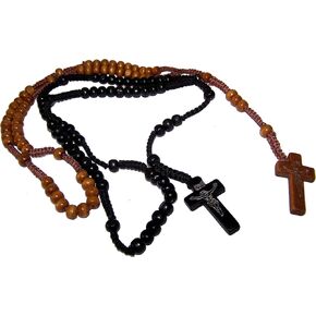Holy Land Market Two Rosaries with Velvet Bags : Black, Tan or Light Brown Colored Wooden Beads Rosary Necklaces with Jesus Imprint Cross