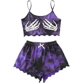 WDIRARA Women's Plus Size Two Piece Goth Print Pajama Set Lettuce Trim Bow Front Cami Sleepwear in Saudi Arabia