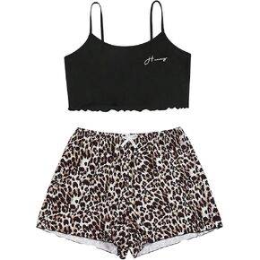 WDIRARA Women's Plus Size Two Piece Goth Print Pajama Set Lettuce Trim Bow Front Cami Sleepwear