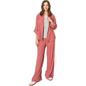 Women's 2 Piece Collared Button Down Wide Leg Pants Outfit Loungewear Sets (S~XL)
