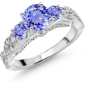 Gem Stone King 925 Sterling Silver Blue Tanzanite and White Moissanite Engagement Ring For Women (1.47 Cttw, Gemstone December Birthstone, Round 6MM and 3MM)