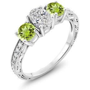 Gem Stone King 10K White Gold IGI Certified Lab Grown Diamond and Peridot 3 Stone Engagement Ring For Women | 2.28 Cttw | Center Diamond Oval 1 Ct | F-G Color | VS1 Clarity | Available in Size 5 to 9