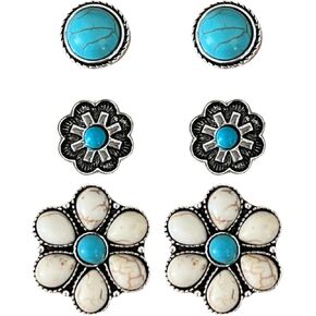 NIVEK Set of 3 Coral Turquoise Color Stud Earrings Silver Antique Finish Western Boho Flower Round Bohemian Southwestern Conch