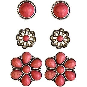 NIVEK Set of 3 Coral Turquoise Color Stud Earrings Silver Antique Finish Western Boho Flower Round Bohemian Southwestern Conch in Kuwait