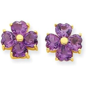 14K Yellow Gold Heart-shaped Amethyst Flower Post Earrings