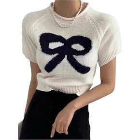 OYOANGLE Women's Bow Printed Pullover Sweaters Crew Neck Short Sleeve Ribbed Knit Casual Crop Tops Knitwear