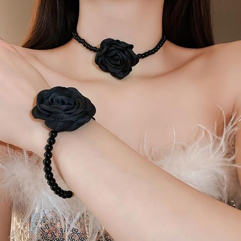 Vintage Imitation Pearl Bracelet with Rose Flower Charm Dainty Pearl Wrist Band Boho Rose Hand Accessories for Women Bridal Wedding Prom Festival in Kuwait